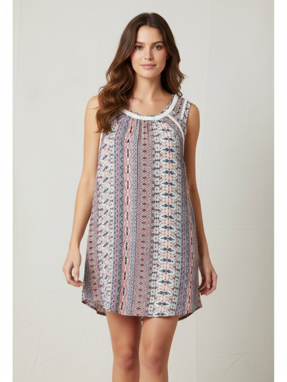 Altar'd State S Gray Cream Pink Tribal Sleeveless Shift Swing Dress Boho Cottage